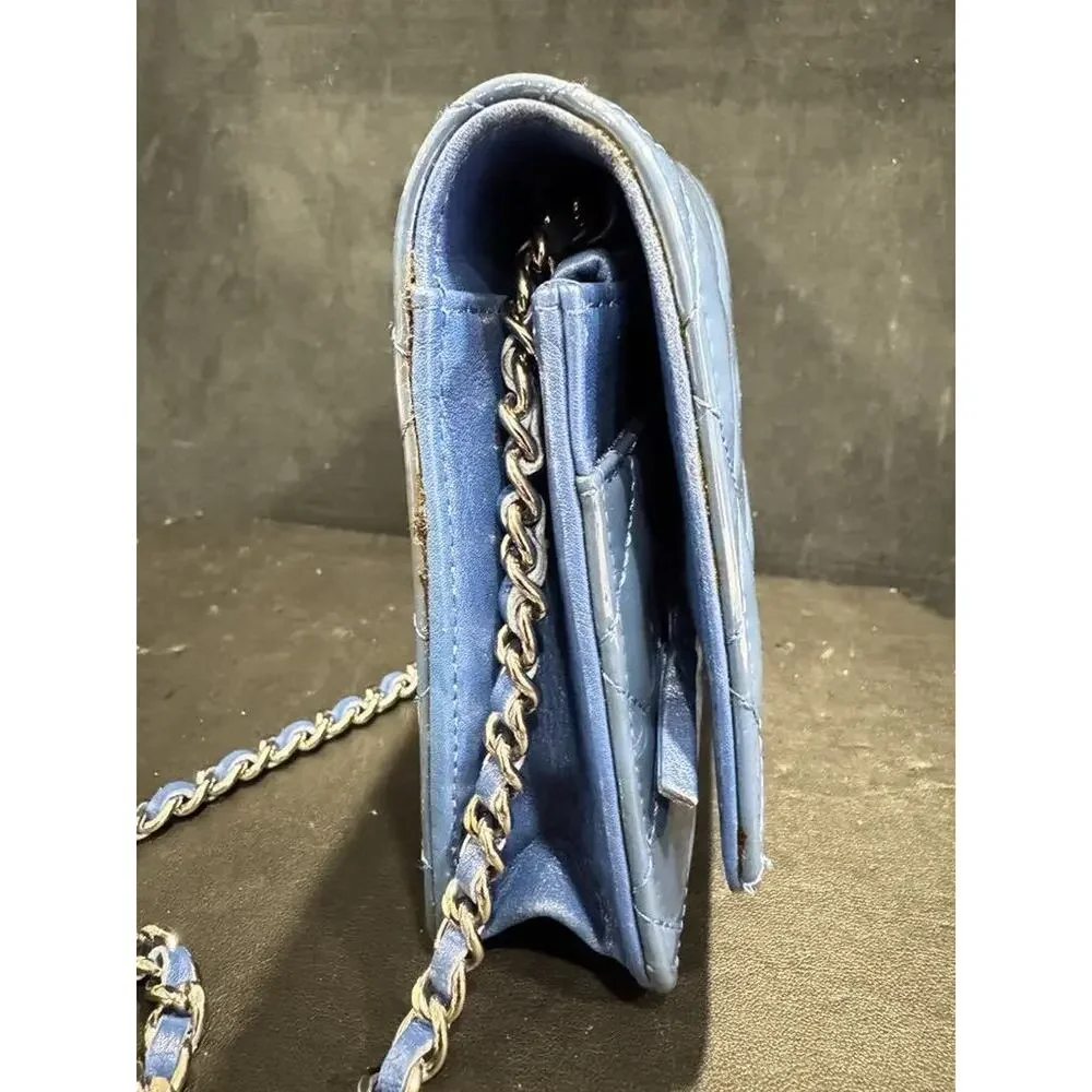 Chanel Quilted CC SHW Blue Patent Leather Wallet On Chain w/ Box - JB 335215